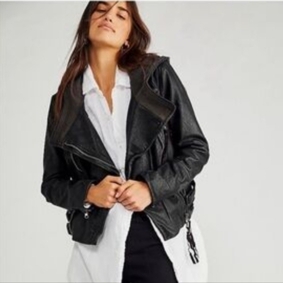 Free People Cleo Vegan Leather Hooded Biker Moto Jacket Size XL - Picture 1 of 13